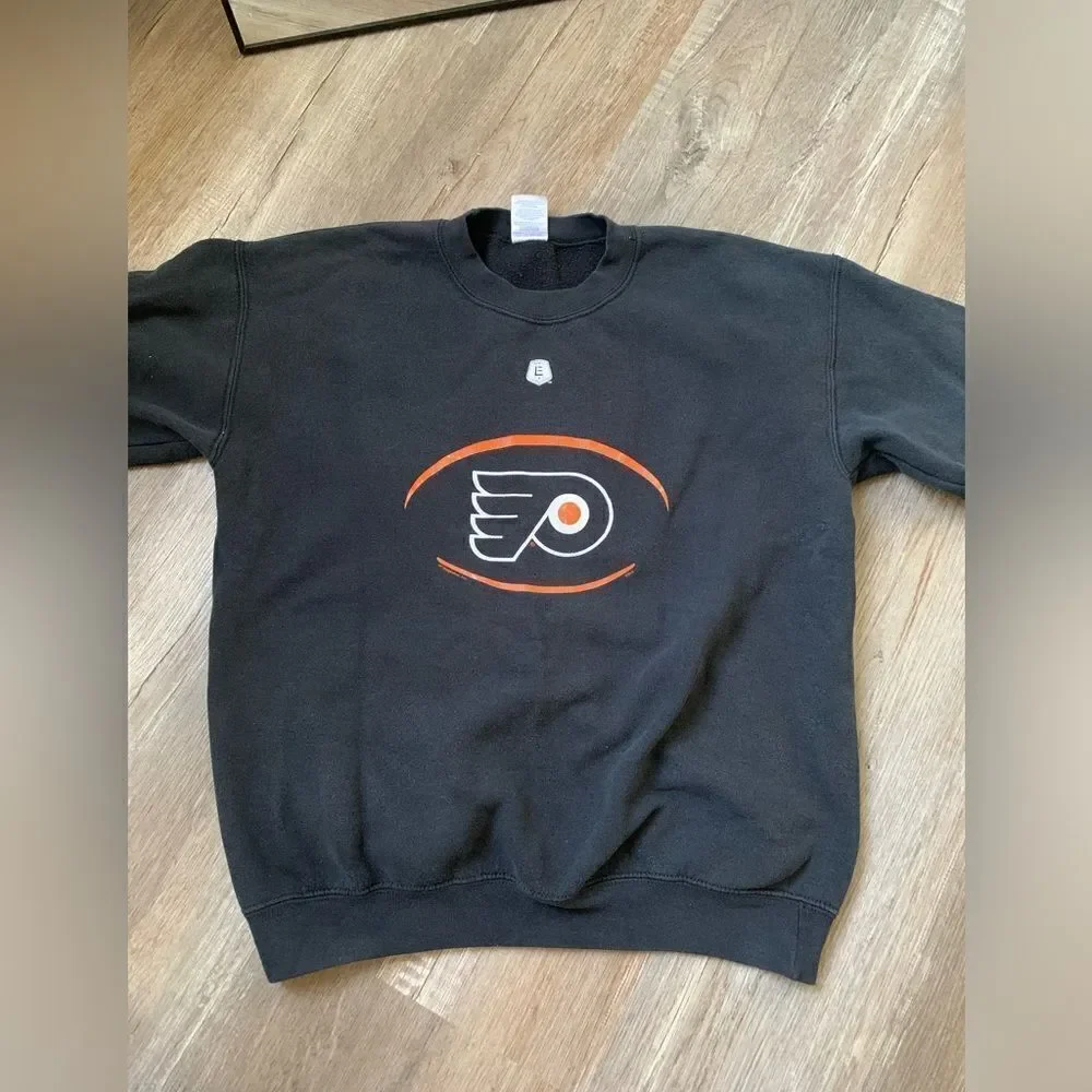 VTG Philadelphia Flyers Hockey Sweatshirt Crewneck Pullover Black Orange S M - Picture 2 of 7